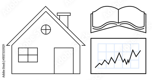Real estate investment, education planning, data analysis, growth tracking, learning resources, market trends. A house, open book and graph chart. Real estate and education concepts