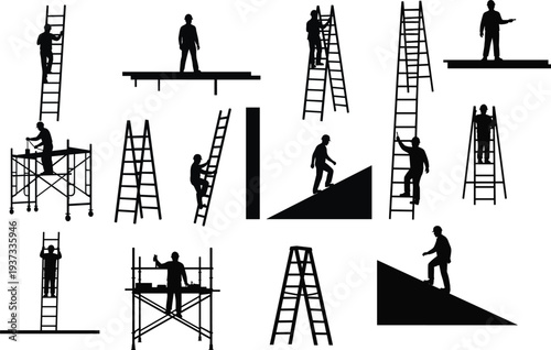 Black silhouette illustration of workers interacting with ladders, scaffolding, and elevated platforms, symbolizing construction, maintenance, workplace safety, ergonomics, elevation tasks,