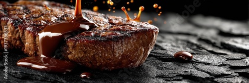 Juicy Grilled Steak Drizzled with Rich Sauce on Dark Stone