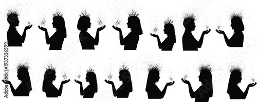 Black silhouette vector illustration of human profile transforming into particles, symbolizing abstract concepts of thoughts, ideas, mental clarity, dispersion, cognitive change, 