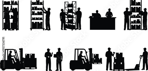 Black warehouse silhouettes showing logistics operations with workers, forklifts, pallet jacks, shelving units, and industrial activities for supply chain, distribution, and inventory 