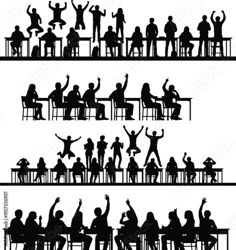 Classroom silhouettes of students seated at desks, raising hands, standing, and engaging in learning activities, illustrating education, participation, discussion, and academic enthusiasm 