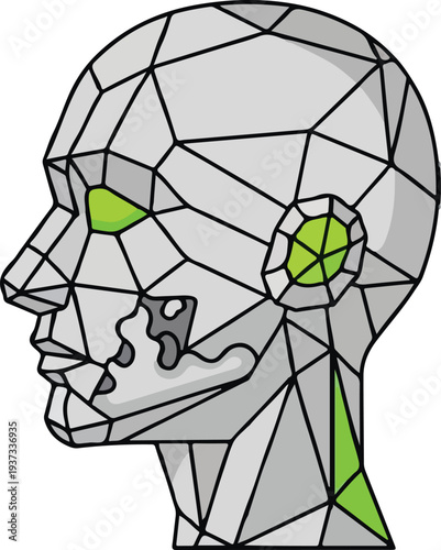 Low poly geometric vector illustration of a cyborg human head profile representing artificial intelligence, virtual reality, and futuristic technology