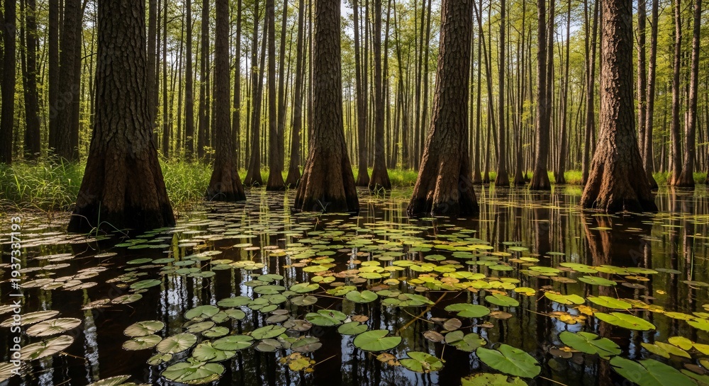 Fototapeta premium Serene forest swamp with tall trees and lily pads reflecting sunlight