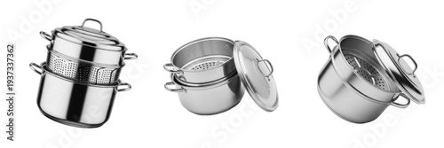 Foto Set and collection of stainless steel steamer and cooking pots isolated on white