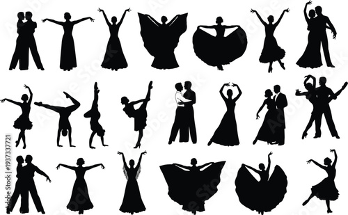 Elegant collection of black dance silhouettes featuring couples and solo performers in dynamic poses, showcasing diverse styles, graceful movement, rhythm, and artistic 