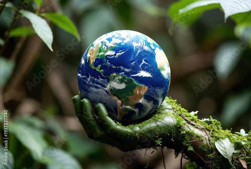 Mossy hands holding the Earth globe in a lush tropical forest. Conceptual environmental photography for global conservation, ecology, and earth day themes.