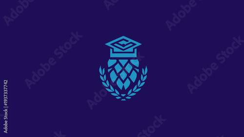 A blue-toned illustration depicting a graduation cap atop a stylized hop cone with laurel leaves