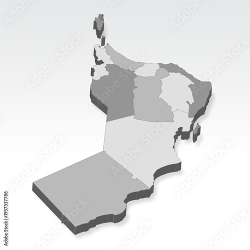 3D  Oman map with all states in gray. Three dimensional map Sultanate of Oman with shadow  on white background for your design, app, UI.  EPS10.