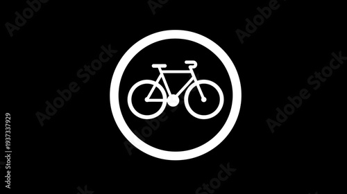 A white bicycle silhouette inside a white circle, encased within a thicker white ring, set on black
