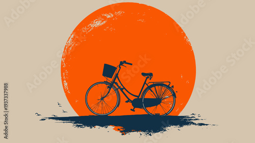 A vintage bicycle silhouette sits before an orange sun, birds fly, and a dark shadow is present