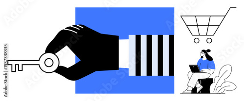 E-commerce security. Key symbol data protection, safe transactions, and secure access. E-commerce platforms ensuring trust and reliable operations. For online shopping, cybersecurity, retail