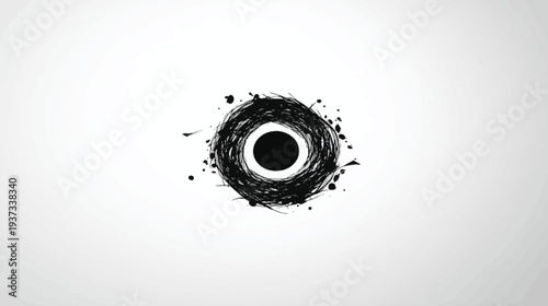 Black ink art with a central circle surrounded by abstract, scribbled, and splashed ink textures on white background