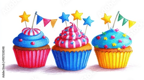 Colorful Celebration Cupcakes Colored Pencil Art Illustration