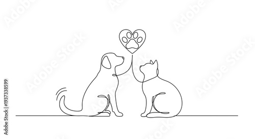 Dog and cat sharing love with paw print heart