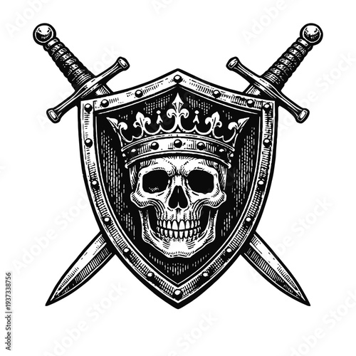 Royal Crowned Skull on Medieval Shield with Crossed Swords. Vintage engraving. A striking black & white illustration symbolizing gothic power, death, and valor. Ideal for fantasy, dark art, historical