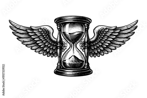 Vintage Engraved Hourglass with Wings Illustration - Symbolizing Time's Flight, Swift Passage, and Ephemeral Nature - Classic Antique Woodcut Design for Timeless Concepts, Mortality, and Fleeting Mome