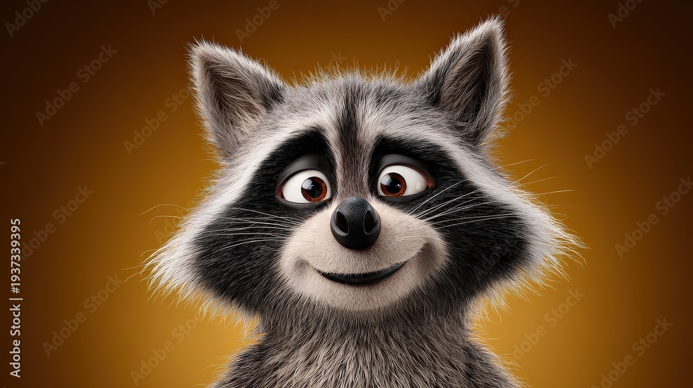 Obraz premium Adorable 3D Cartoon Raccoon Character with a Cute Smile