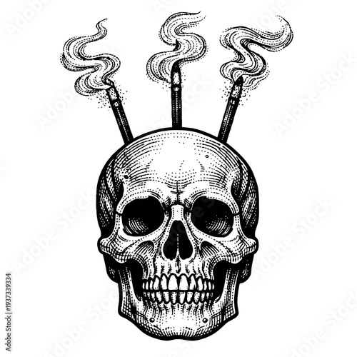 Detailed Vintage Engraving of a Human Skull with Three Lit Cigarettes Piercing the Cranium, Emitting Winding Smoke Plumes, Rendered in a Classic Monochrome Woodcut Style, a Macabre Representation of M