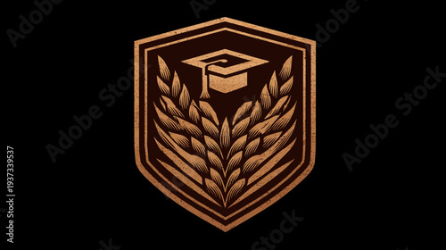 A vintage-styled emblem, with a graduation cap atop wheat sheaves inside a shield shape on black background