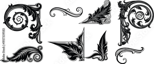 Ornate decorative corner and border elements with floral scrollwork patterns, vintage baroque silhouette motifs for invitations, certificates, frames, and elegant graphic design embellishments.