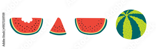 Watermelon slice, whole illustration isolated set. Seasonal fruit, food, summer holidays, vacations, tropical resort, healthy snack. Flat design element, clip art collection, hand drawn vector