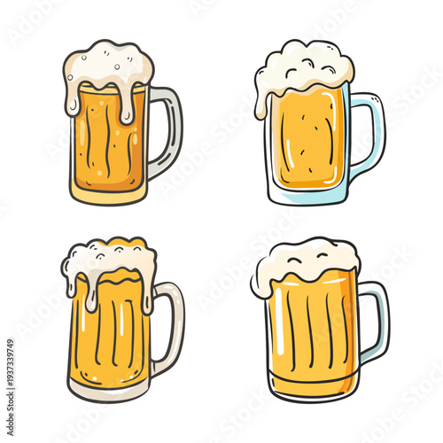 Four hand-drawn beer mugs overflowing with foamy lager, vector illustration.