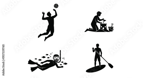 Summer Beach Activities Silhouettes Isolated on White Background