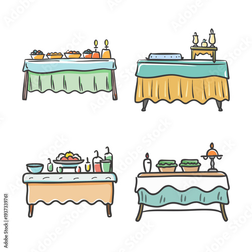 Buffet tables laden with diverse food dishes, catering to a celebratory feast.