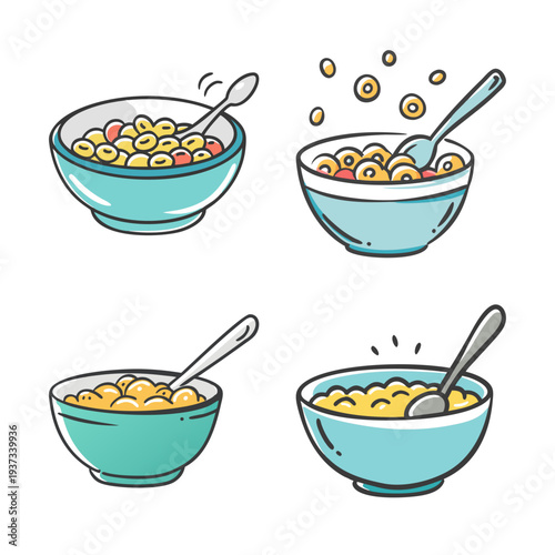 Four bowls of cereal with spoons and milk, healthy breakfast icons, vector illustration