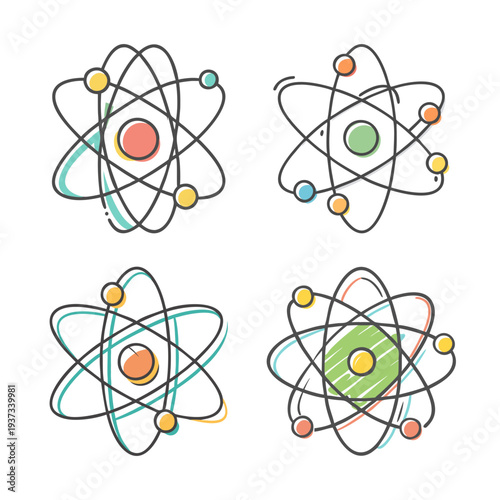Four colorful cartoon atom icons with orbiting electrons representing science.
