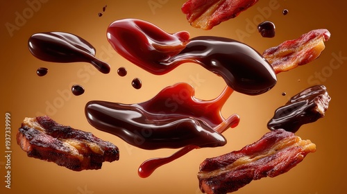 Delicious Glazed Barbecue Meat with Floating Sauce Splashes