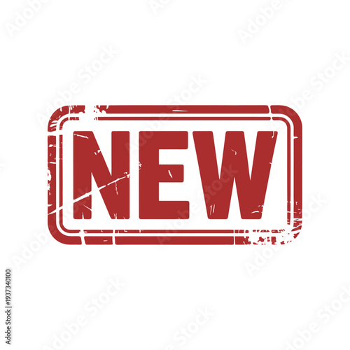 Distressed red rectangular stamp clearly announces something is new.