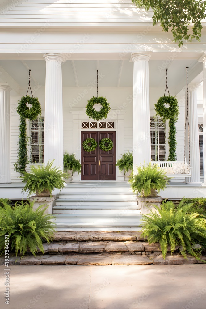 Fototapeta premium Southern-style porch features green wreaths and ferns for Easter decoration
