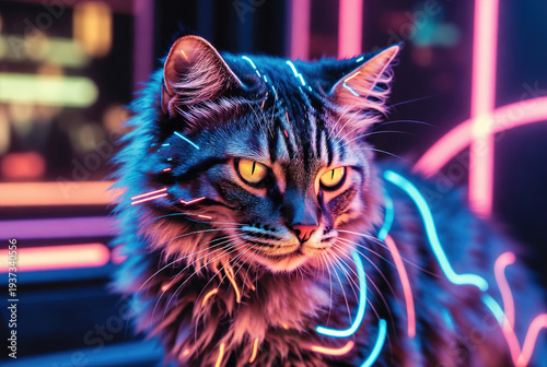 Artistic portrait of a fluffy cat with vibrant neon light patterns on its fur. Perfect for futuristic art, pet photography, and digital design themes.