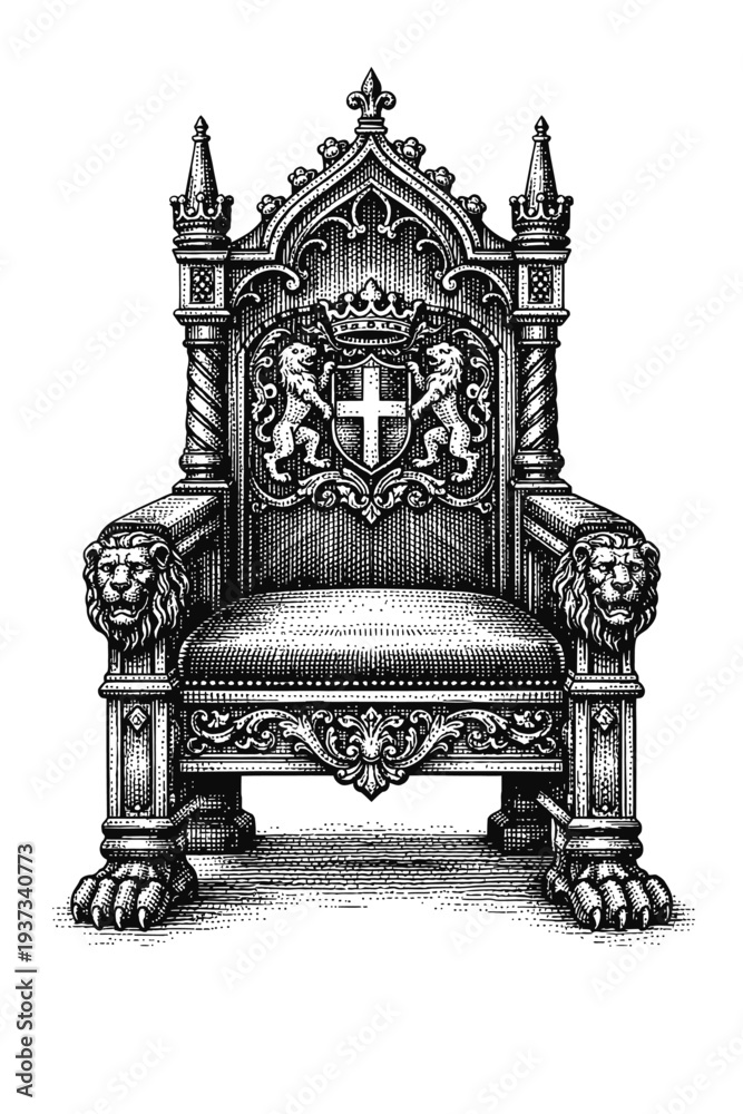 Fototapeta premium Majestic Royal Throne engraving, vintage woodcut, ornate seat. Gothic carvings, crowned heraldic shield, cross, rampant lions. Regal lion head armrests, powerful lion paw feet. Monarchy, medieval auth