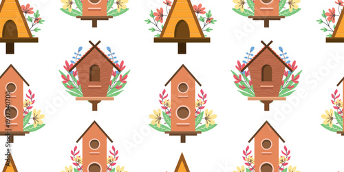 Cute Birdhouse Seamless Pattern with Flowers and Wooden Bird Houses