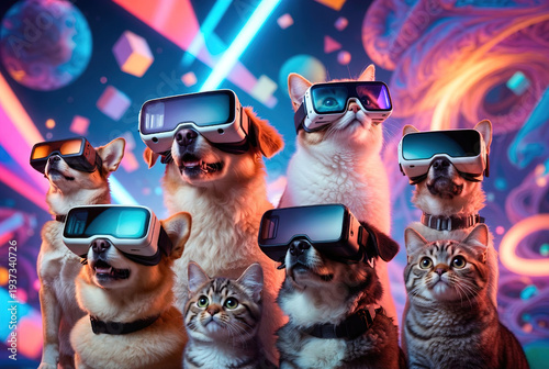 Group of dogs and cats wearing futuristic virtual reality goggles against a colorful background. Creative concept for technology, gaming, and pet entertainment.