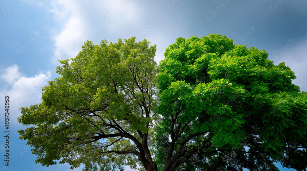 Obraz premium Two trees with lush green leaves side by side representing carbon offset comparison and environmental sustainability, ecological balance, with copy space
