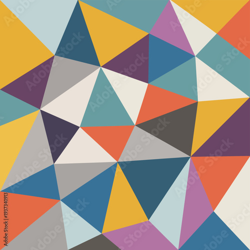 Abstract geometric pattern composed of colorful overlapping triangles.