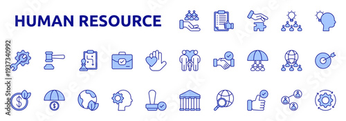 Human Resource icon color lineal style with team, support, report, approval, problem solving, idea, mindset icons