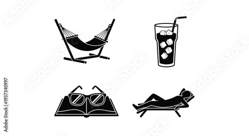 Summer Vacation Icons Set with Hammock, Iced Drink, Book and Person Relaxing Isolated on White