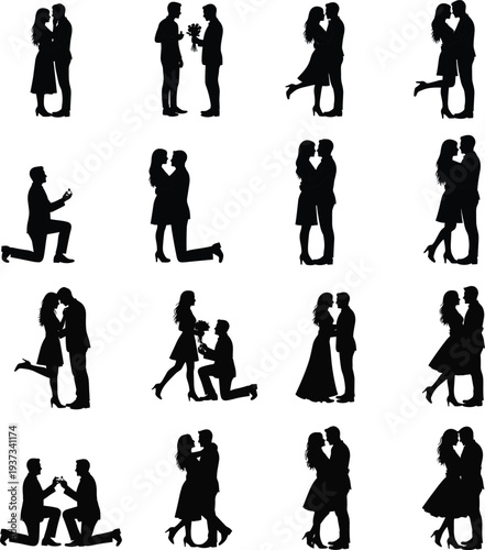 Romantic couple silhouettes in various poses including hugging, kissing, proposing, and dancing, vector illustration representing love, intimacy, marriage, and emotional connection design.