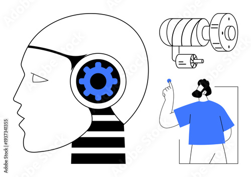 Artificial intelligence, machine learning, robotics, automation, human-technology interaction, innovation. A robotic head with a gear and a man holding a small object. AI and machine learning concept