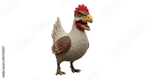 Funny conceptual hybrid creature of a white chicken with a fierce dinosaur T-Rex head and sharp teeth