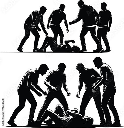 Silhouettes of group bullying scenes with individuals surrounding a vulnerable person, vector illustration representing aggression, vulnerability, s