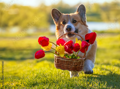 cute corgi dog carries in his mouth give basket with tulips flowers in spring...