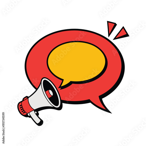 Loudspeaker announces message inside large bright comic speech bubble.