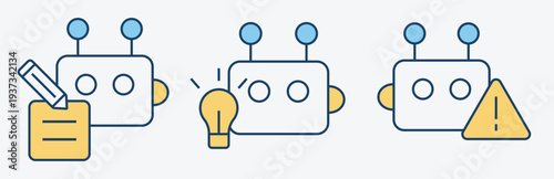 Prompt Engineering Icon Pack, Flat-Style AI Chatbot Heads with Pencil, Document, Lightbulb, Warning Icons for ui ux , Tech Design