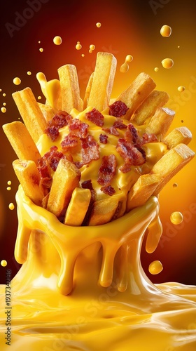 Delicious Loaded Cheesy Fries with Crispy Bacon Bits Close-up